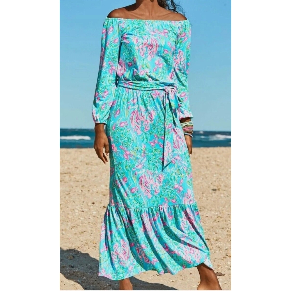 LILLY PULITZER Odella Maxi Dress In Amalfi Blue Best Fishes Print XL